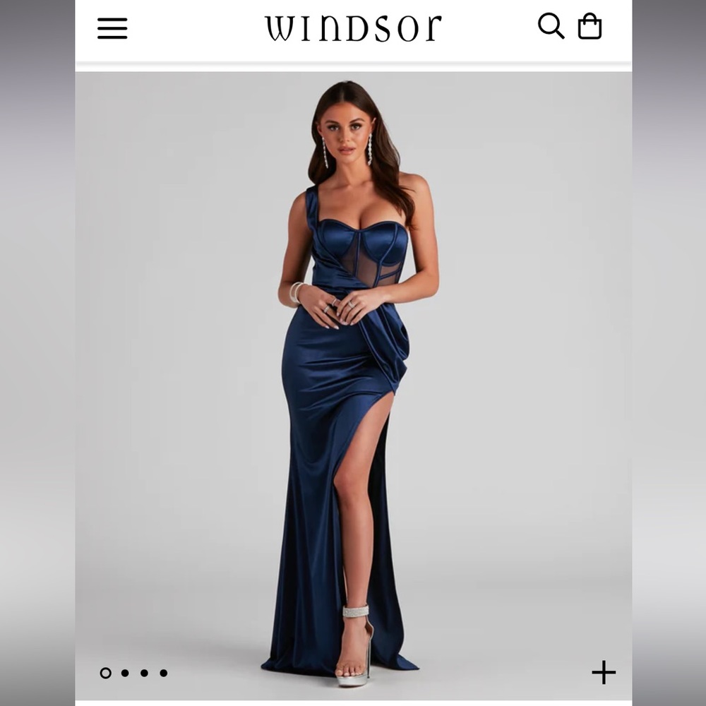 Lo Formal One-Shoulder Satin Corset Dress - Navy Blue